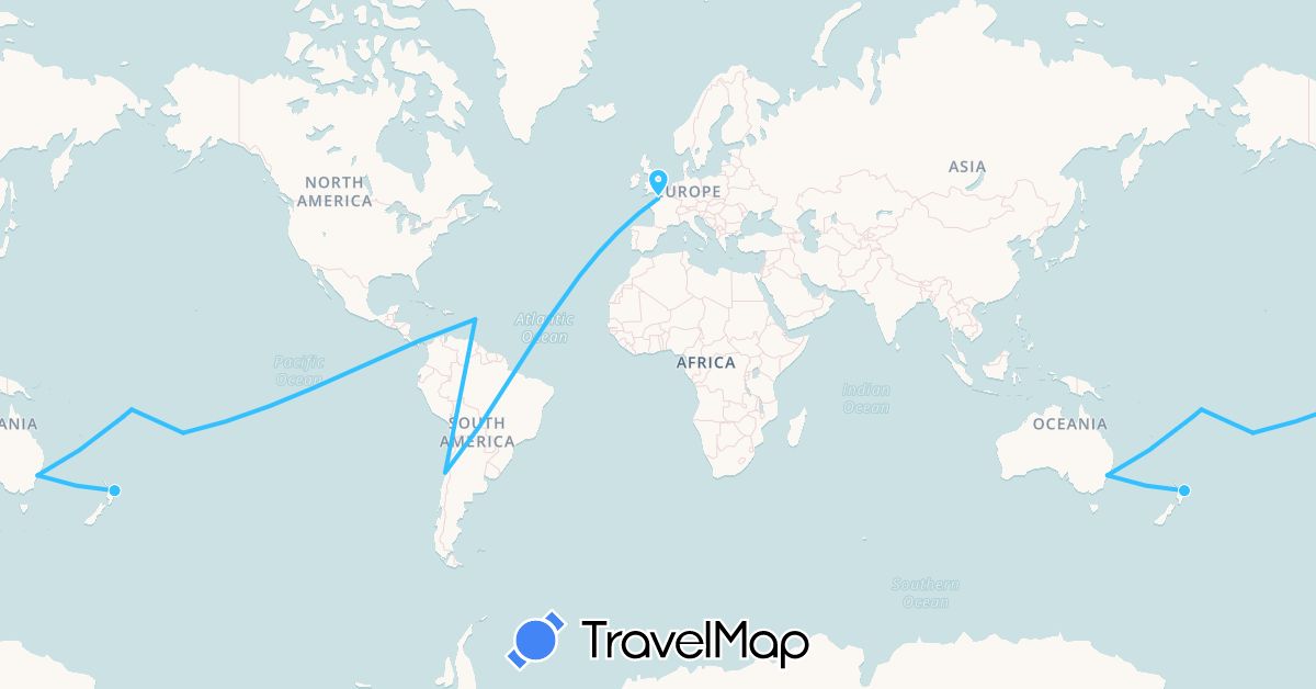 TravelMap itinerary: driving, boat in Australia, Cook Islands, Chile, France, New Zealand, Wallis and Futuna (Europe, Oceania, South America)